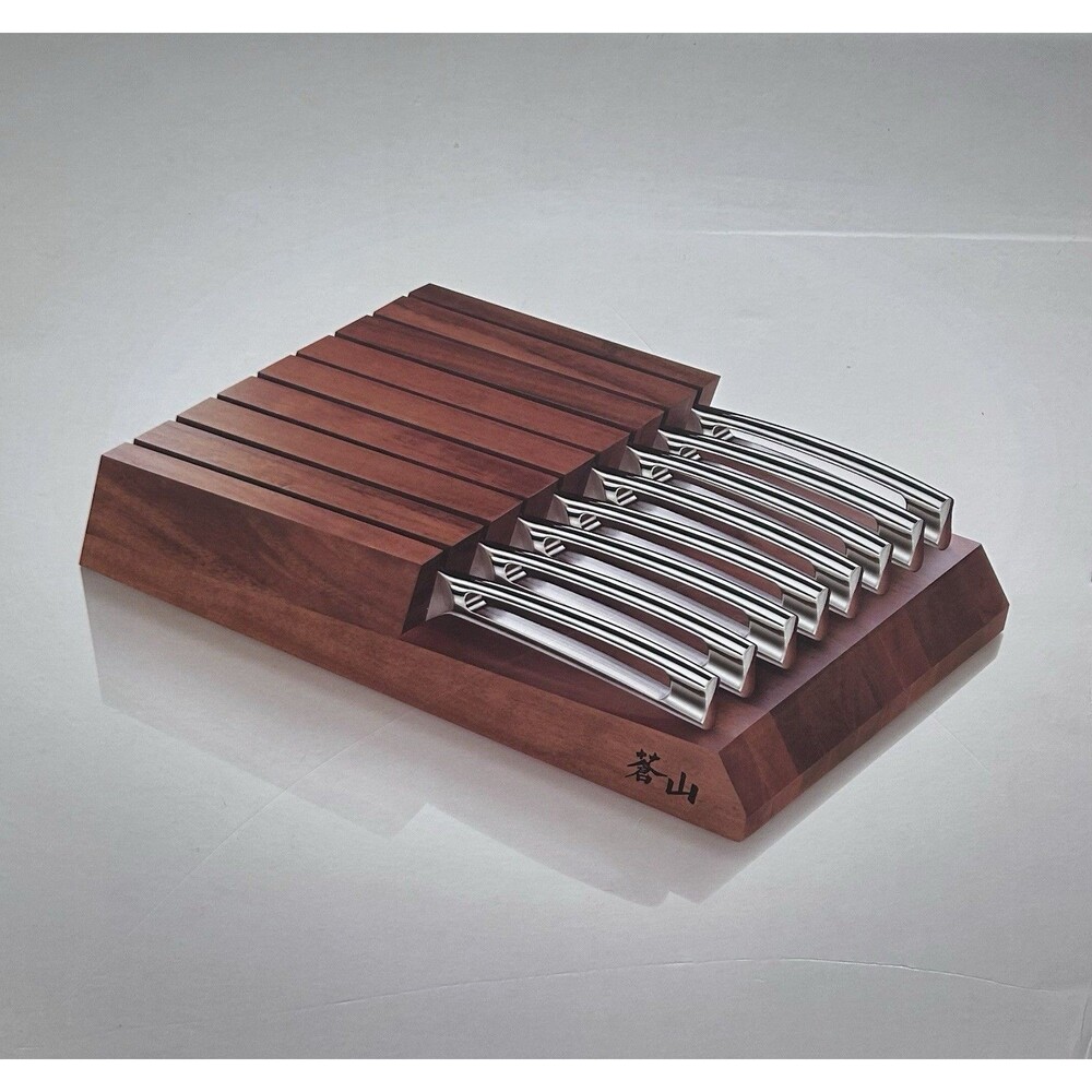 New Cangshan 8 Piece Chef Steak Knife Set With Walnut Acacia Flat Lay Block